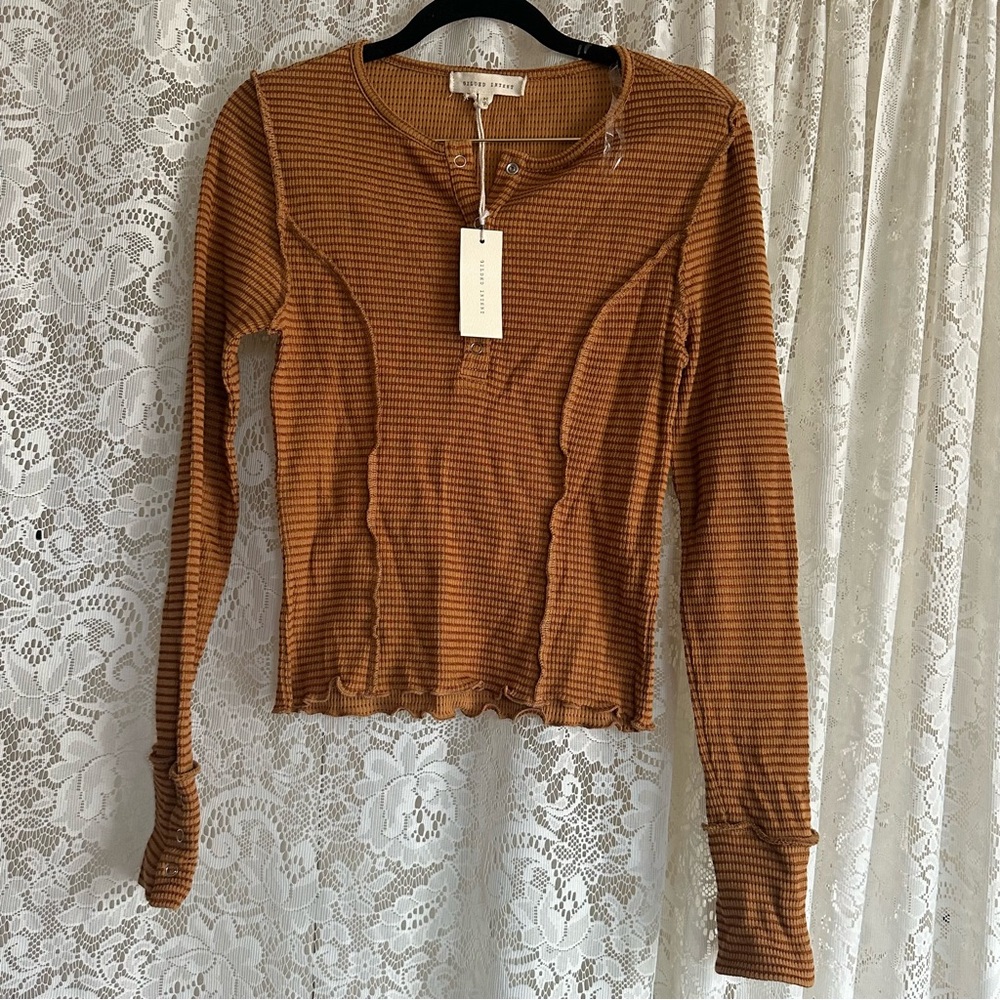 Glided Intent Striped Exposed Seam Henley Long Sleeve Top